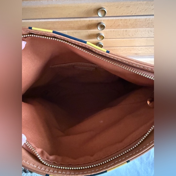 J. McLaughlin Leather Fold-Over Clutch Bag w/Navy & Yellow Stripe Brown Leather